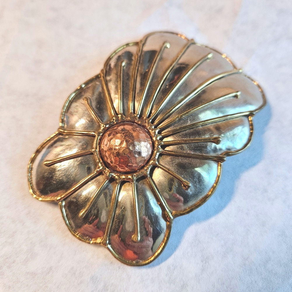 Vintage Mixed Metal Scalloped Belt Buckle Tri-Tone Silver Gold Copper Flower